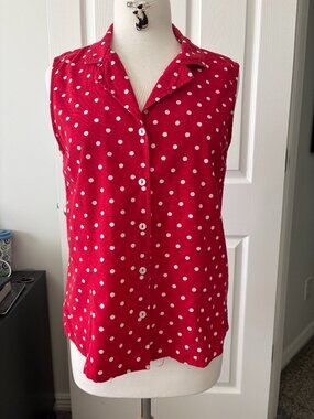 Sleeveless Top Red with White Polka Dots Size M Erika